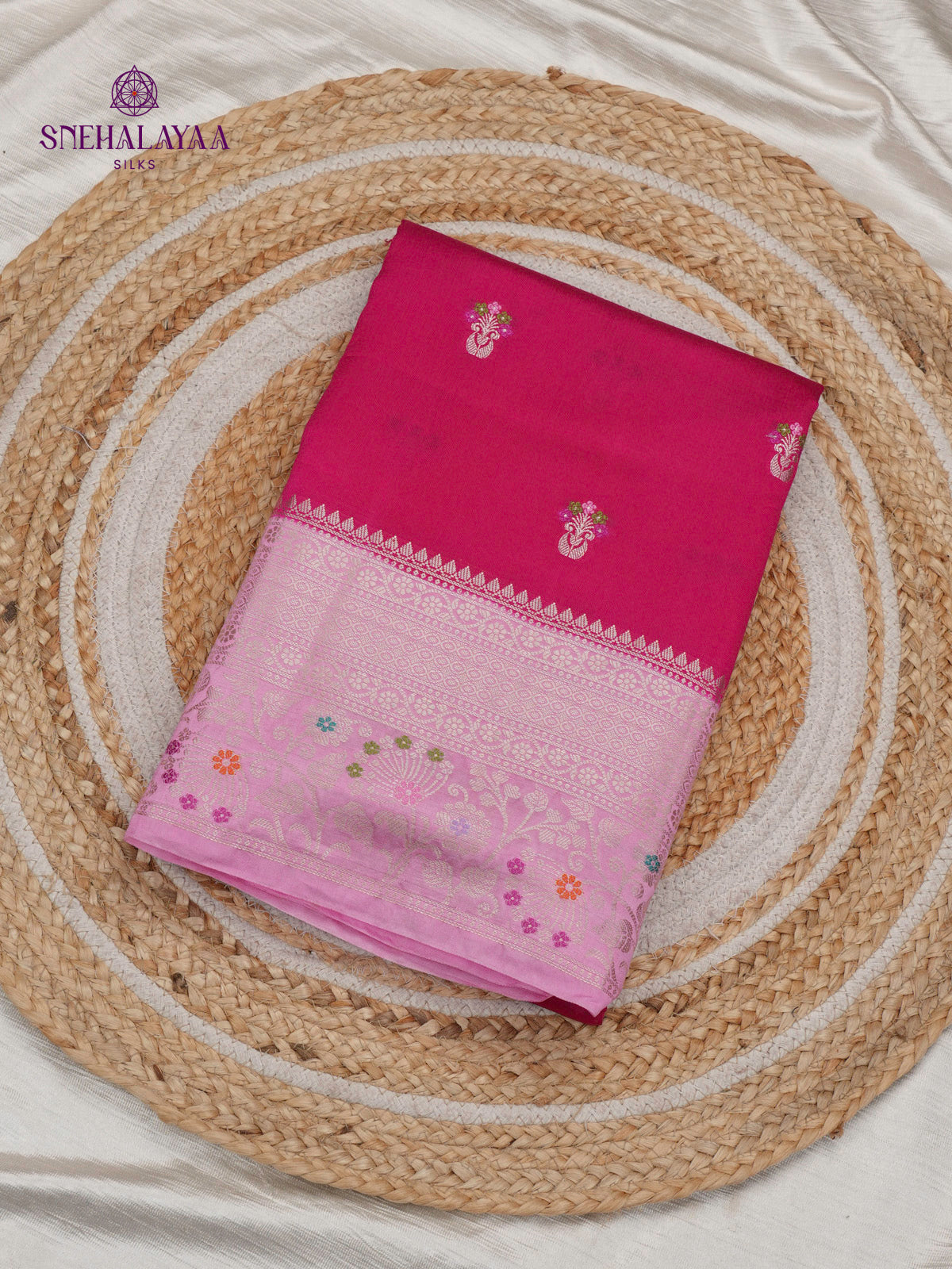 Rose Red Chiniya Silk Saree with Soft Pink Woven Border