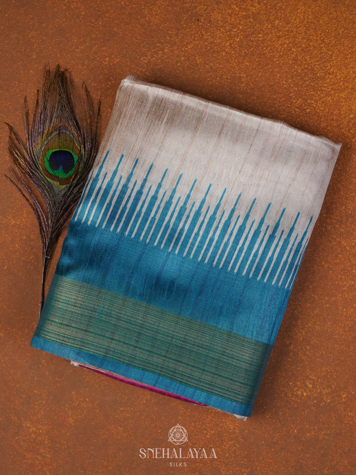 Beige with Blue Border Tussar Saree