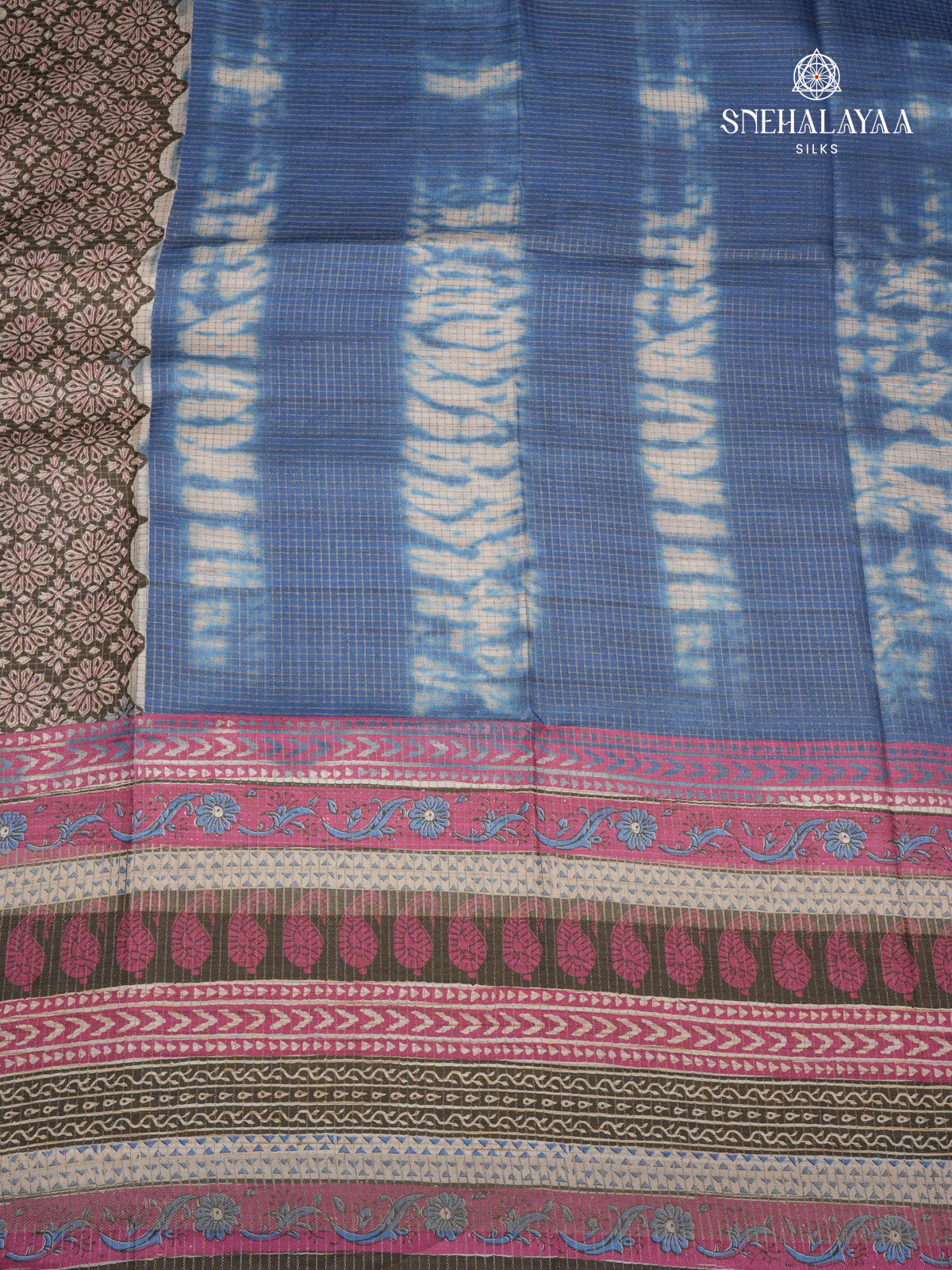 Blue Floral Printed Tussar Saree