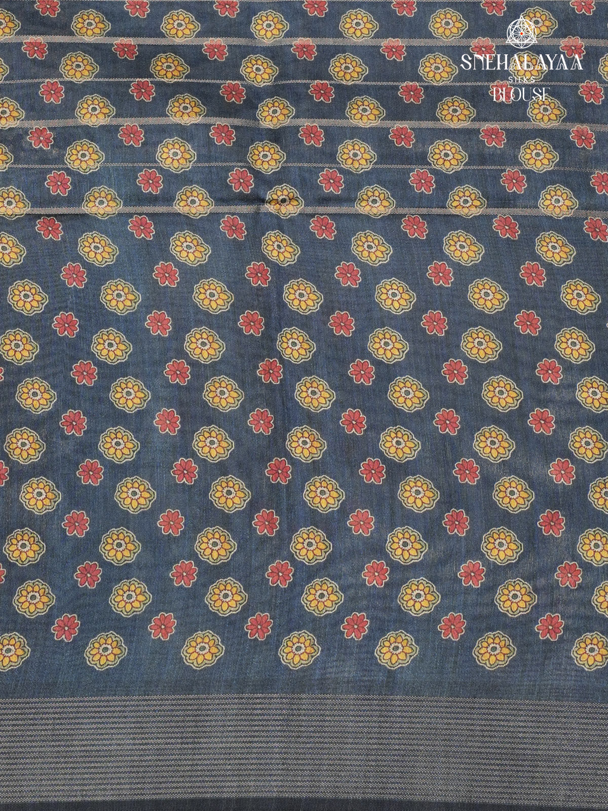 Navy Blue Floral Printed Tussar Saree