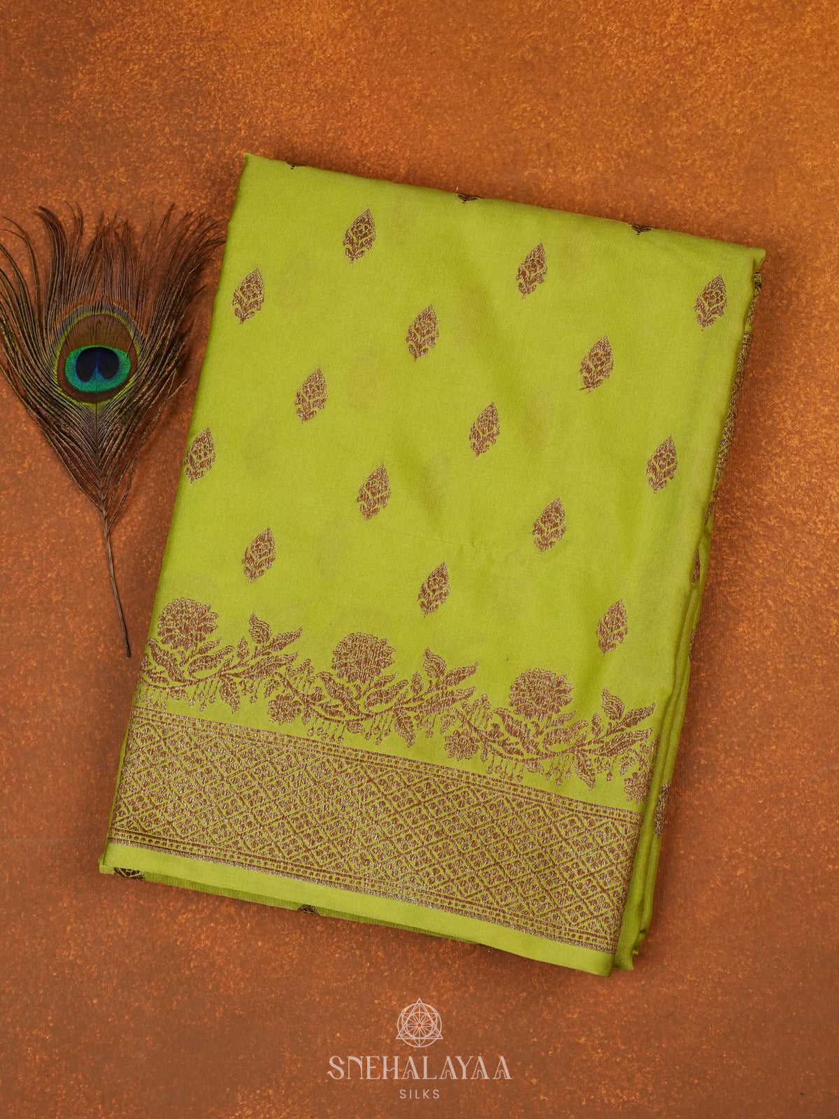 Lime Green Satin Banaras Saree