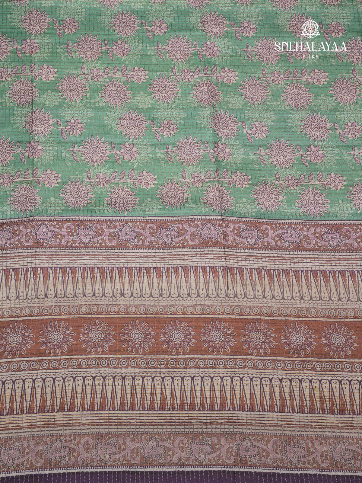 Pastel Green Floral Printed Tussar Saree