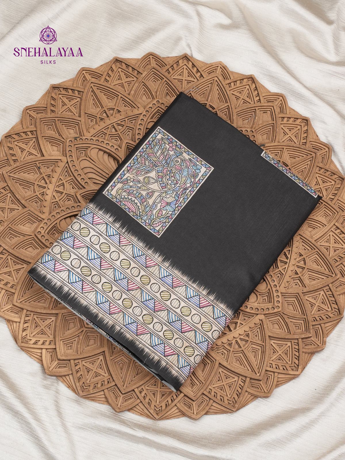 Black Madhubani Printed Saree