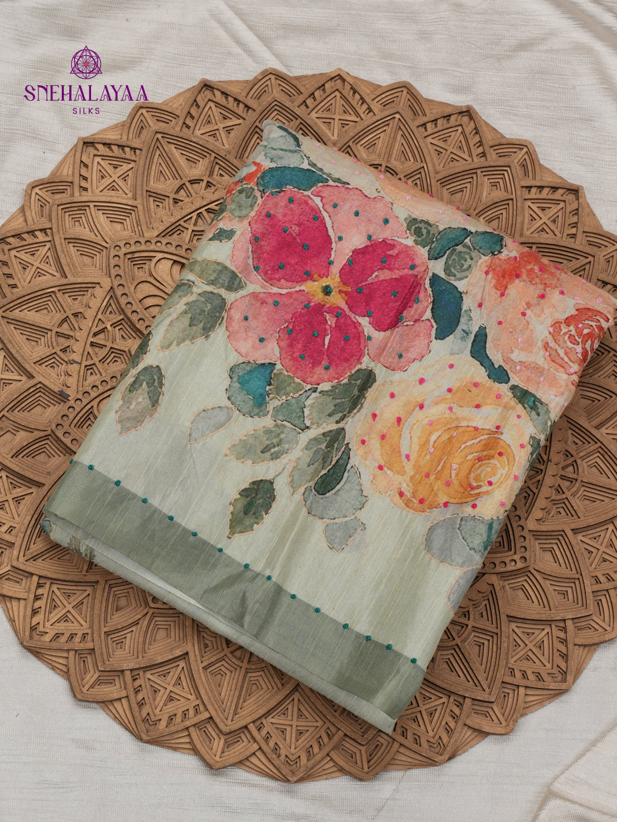 Pale Green Tussar Embroidery Saree