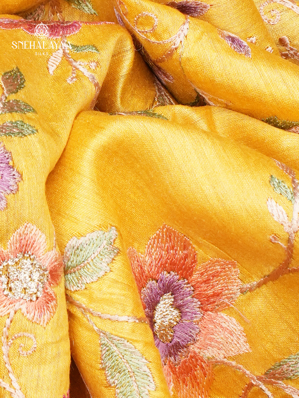 Yellow Munga Tussar Embroidery Saree