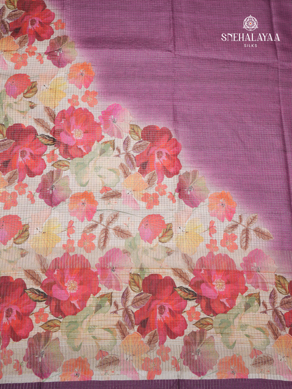 Purple Floral Printed Tussar Saree