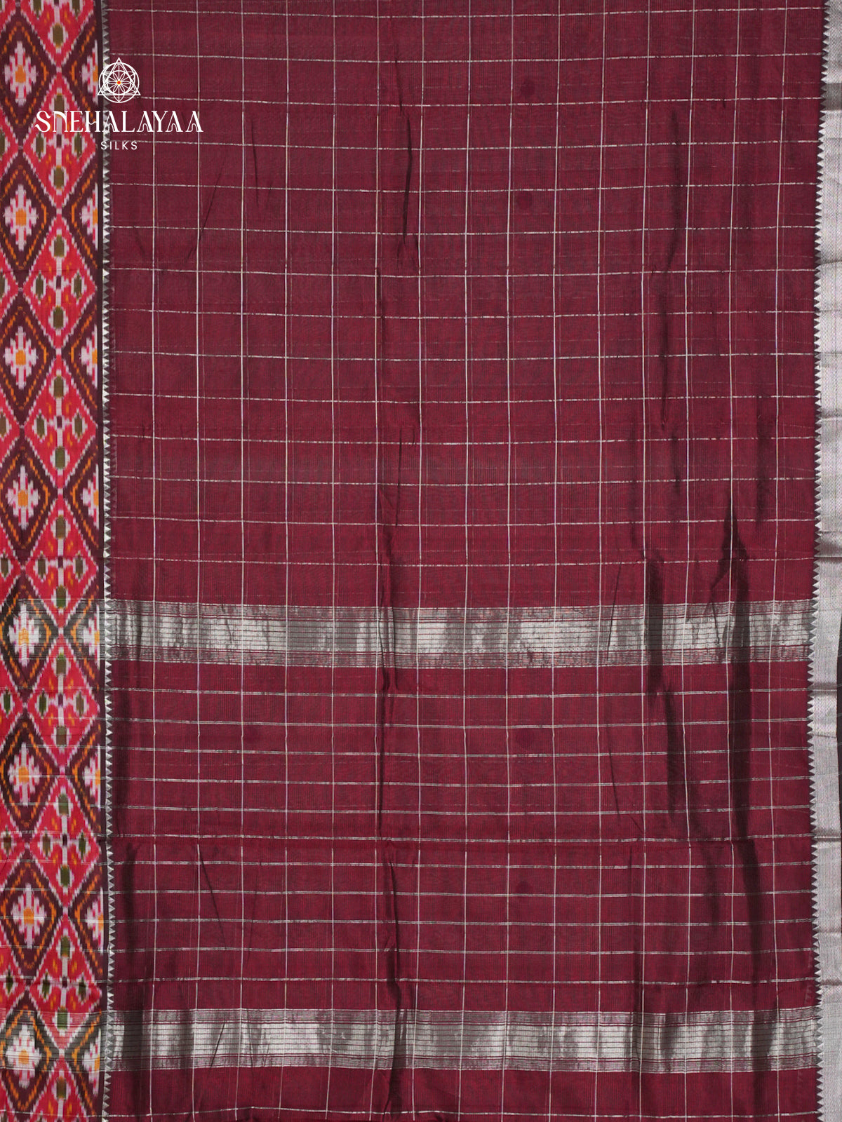 Maroon Mangalagiri Silk Cotton Saree with Ikat Border