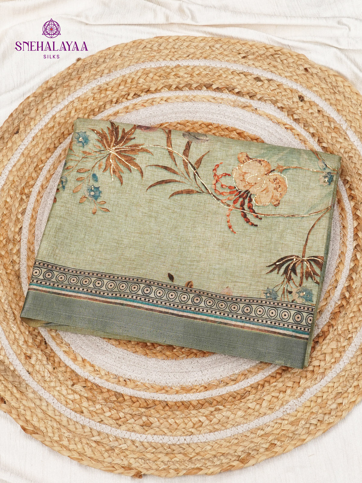 Sage Green Floral Printed Tussar Saree