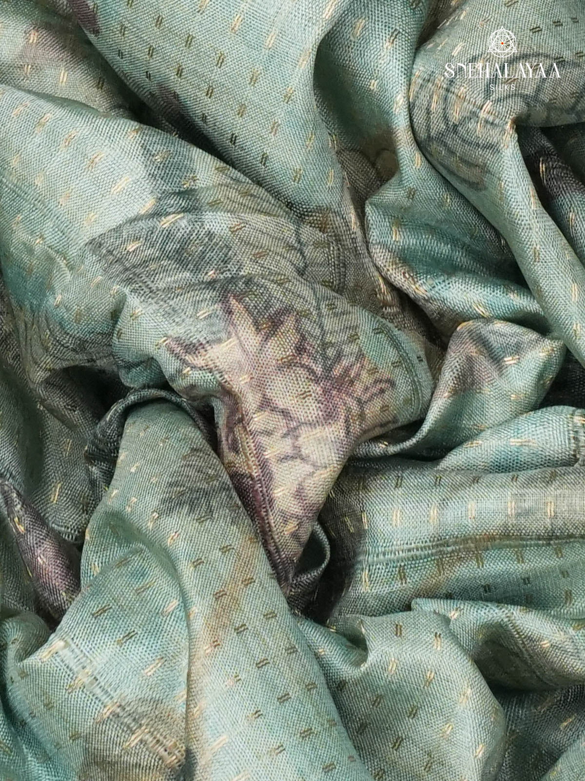 Teal Blue Floral Printed Tussar Saree