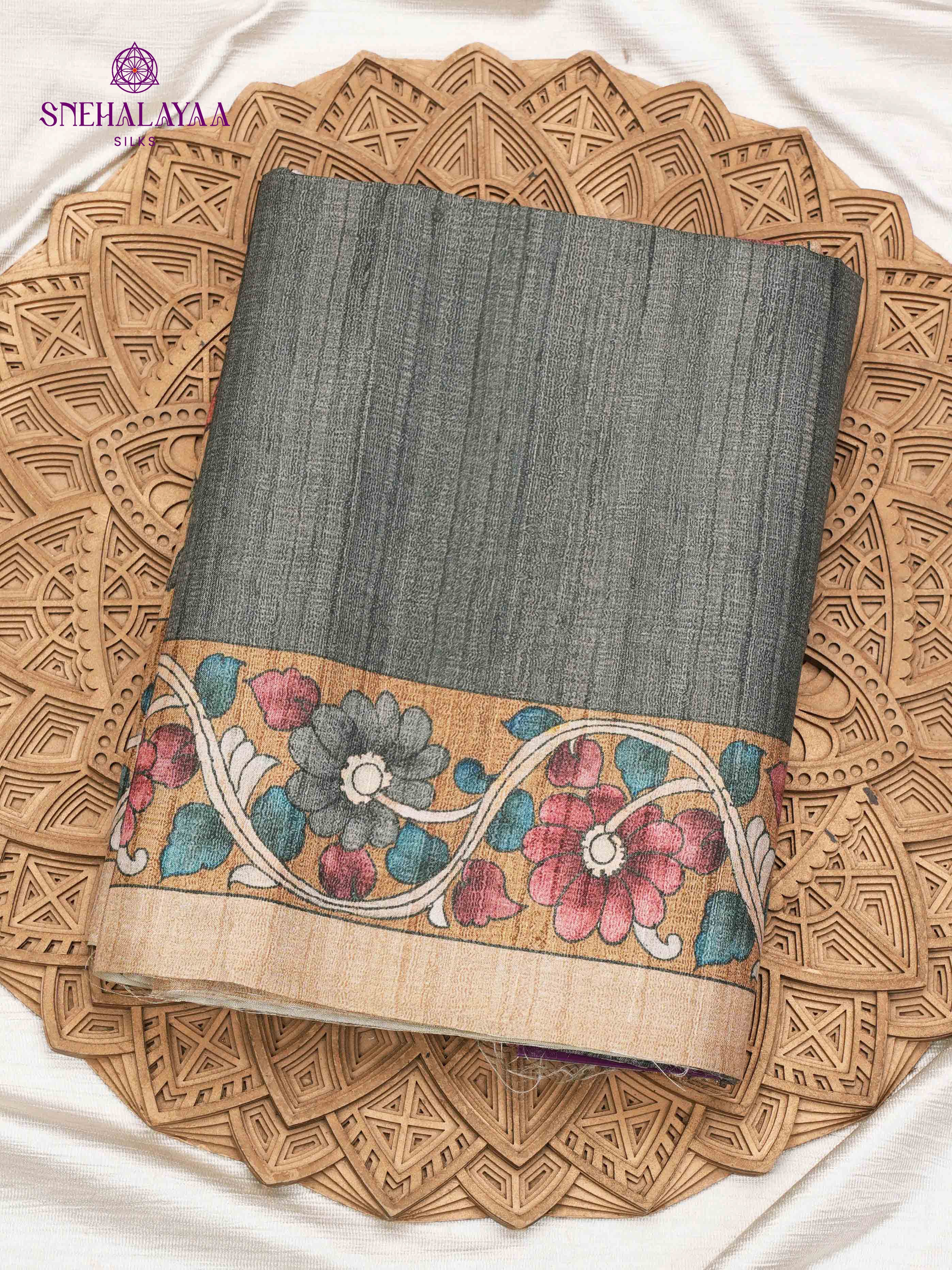 Grey Floral Printed Tussar Saree