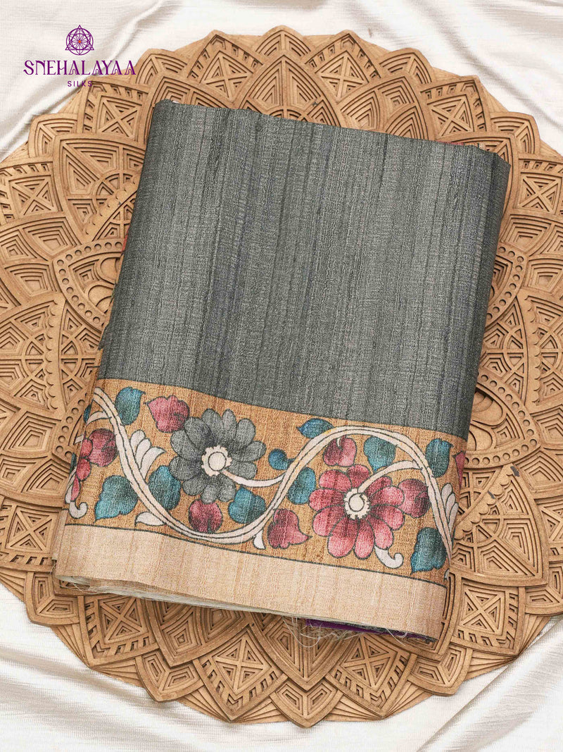 Grey Floral Printed Tussar Saree