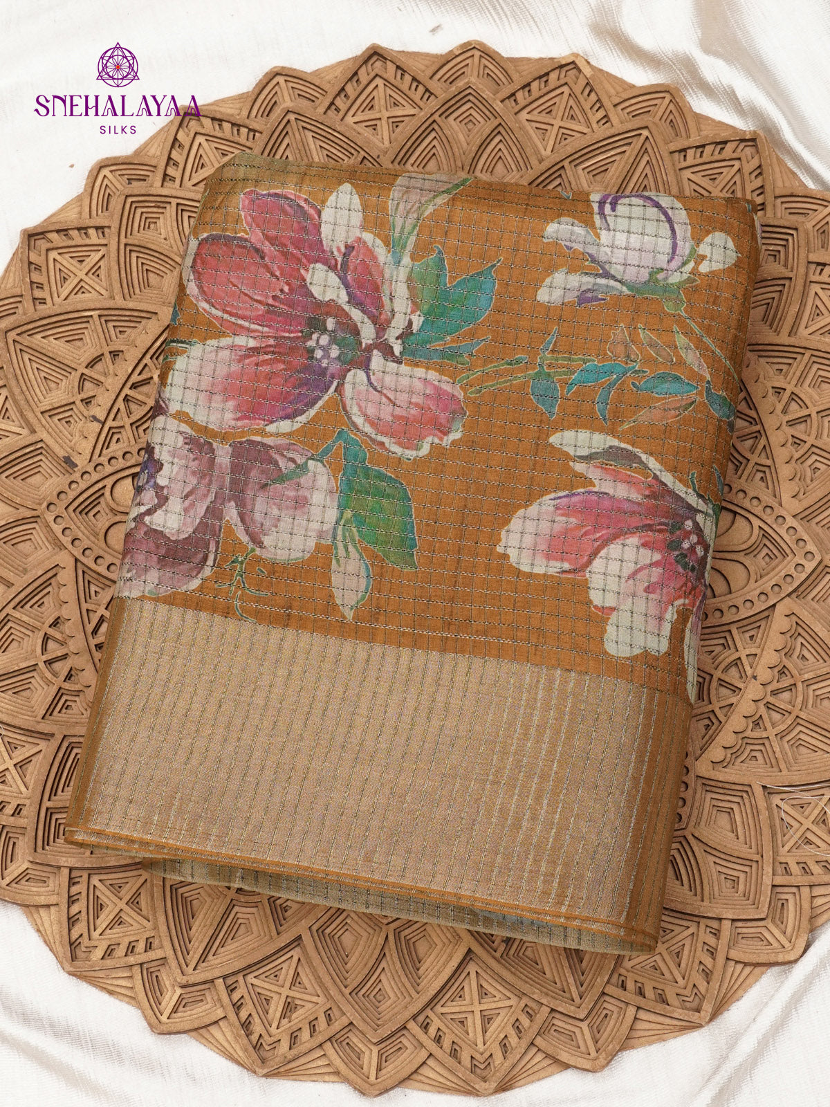 Grey With Mustard Border Floral Printed Tussar Saree