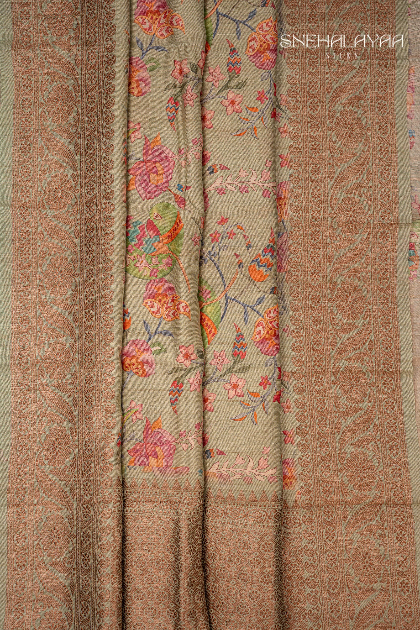 Olive Green Printed Jute Tussar Saree