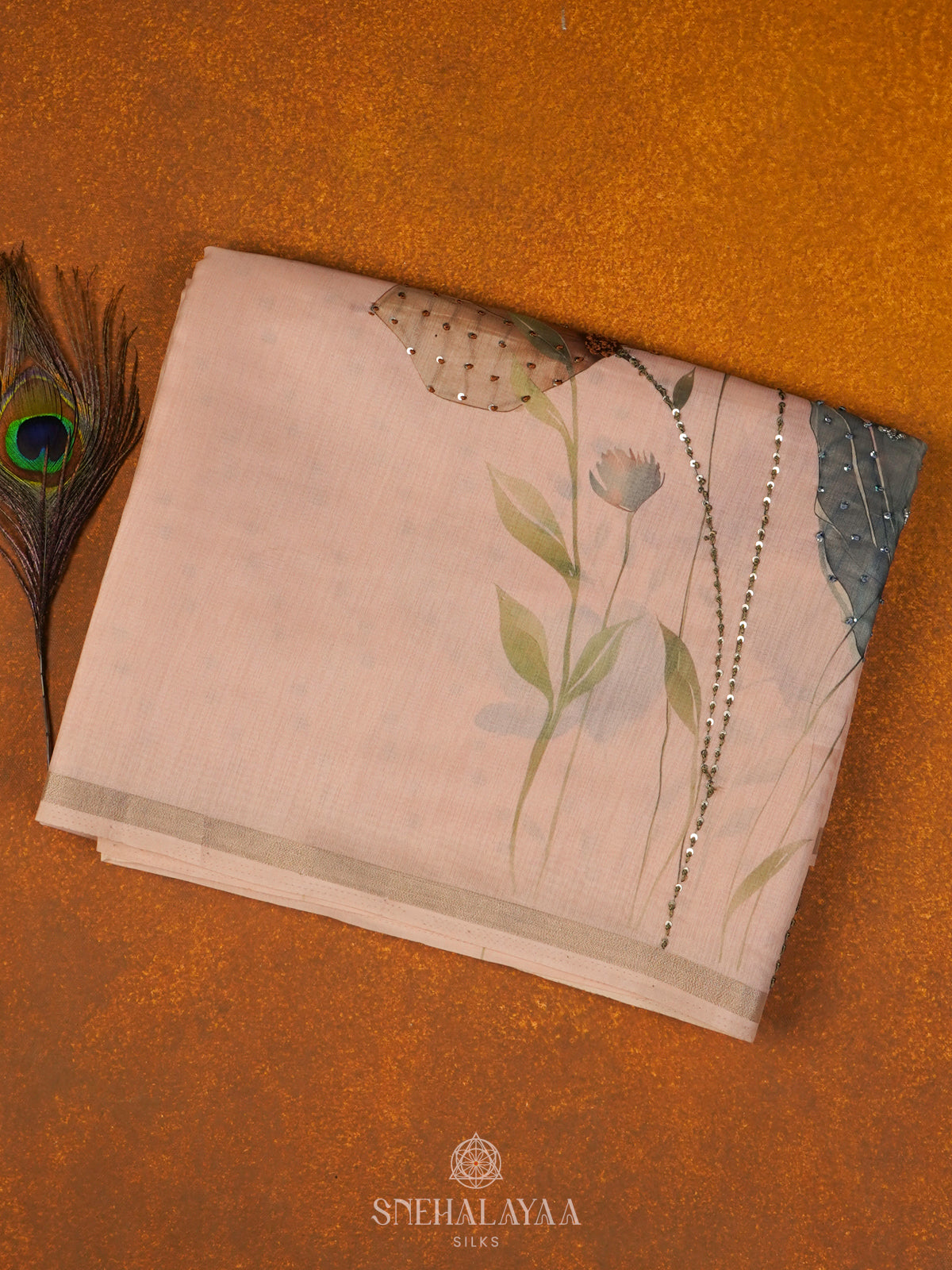 Pale Pink Munga Tussar Embroidery Saree