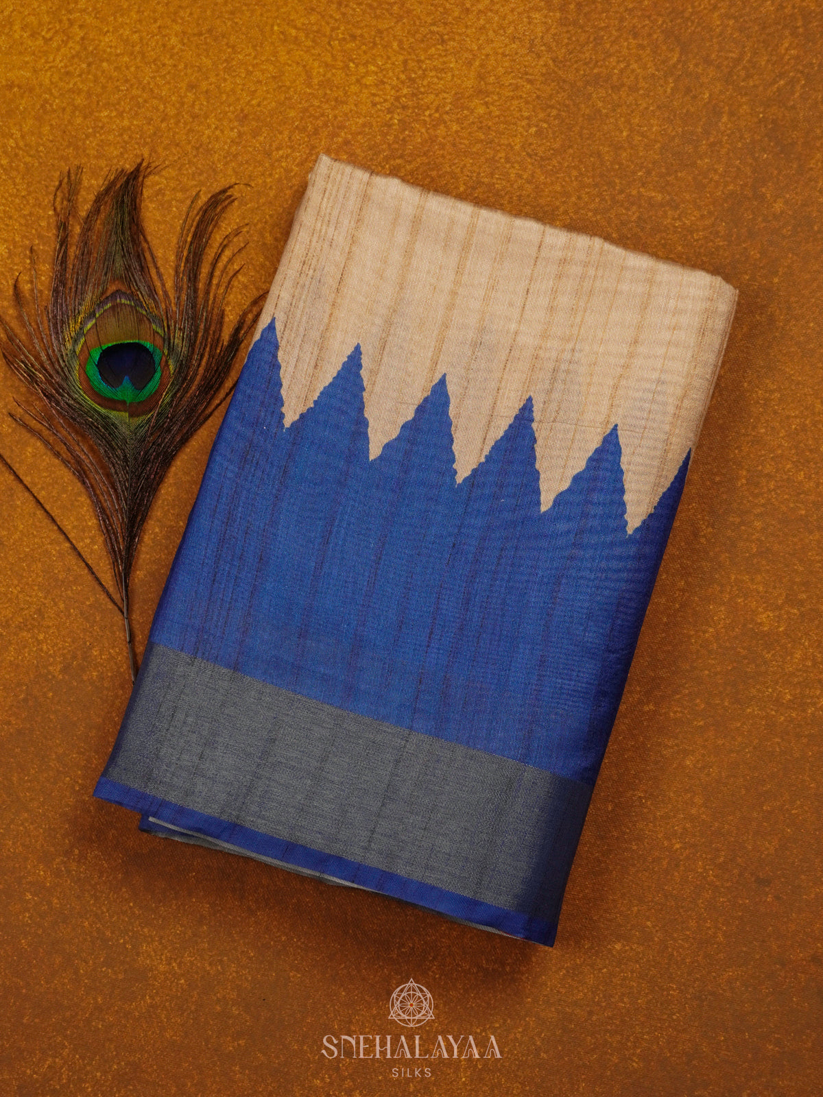 Beige With Blue Border Tussar Saree