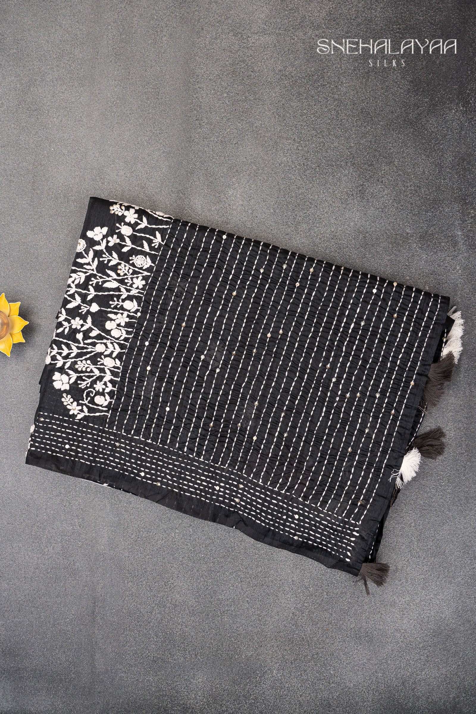 Black Raw Silk Embroidery Saree