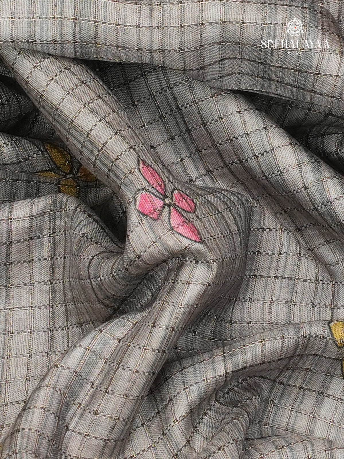 Grey Floral Printed Tussar Saree