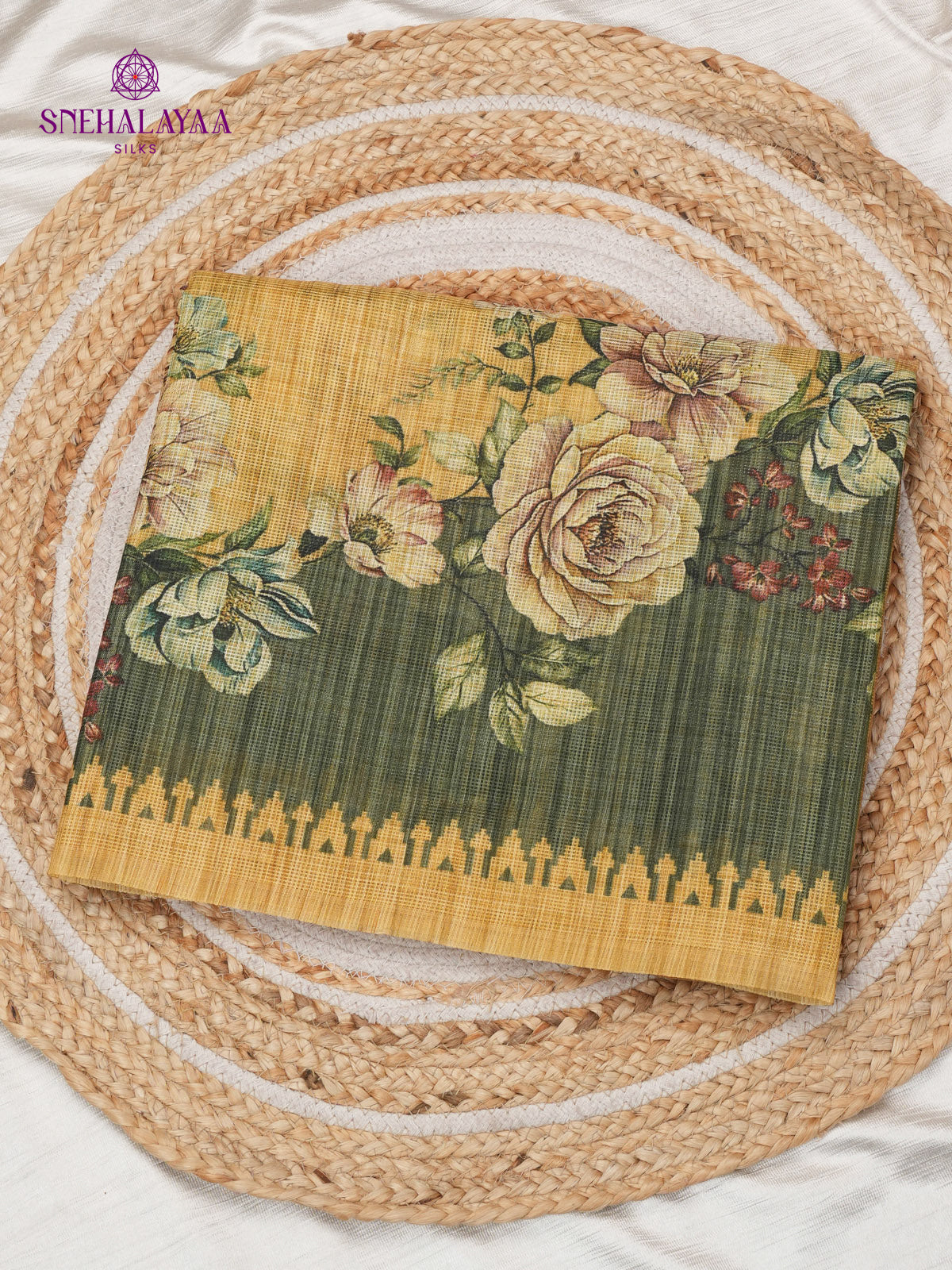 Mustard Yellow With Olive Green Printed Kota Saree