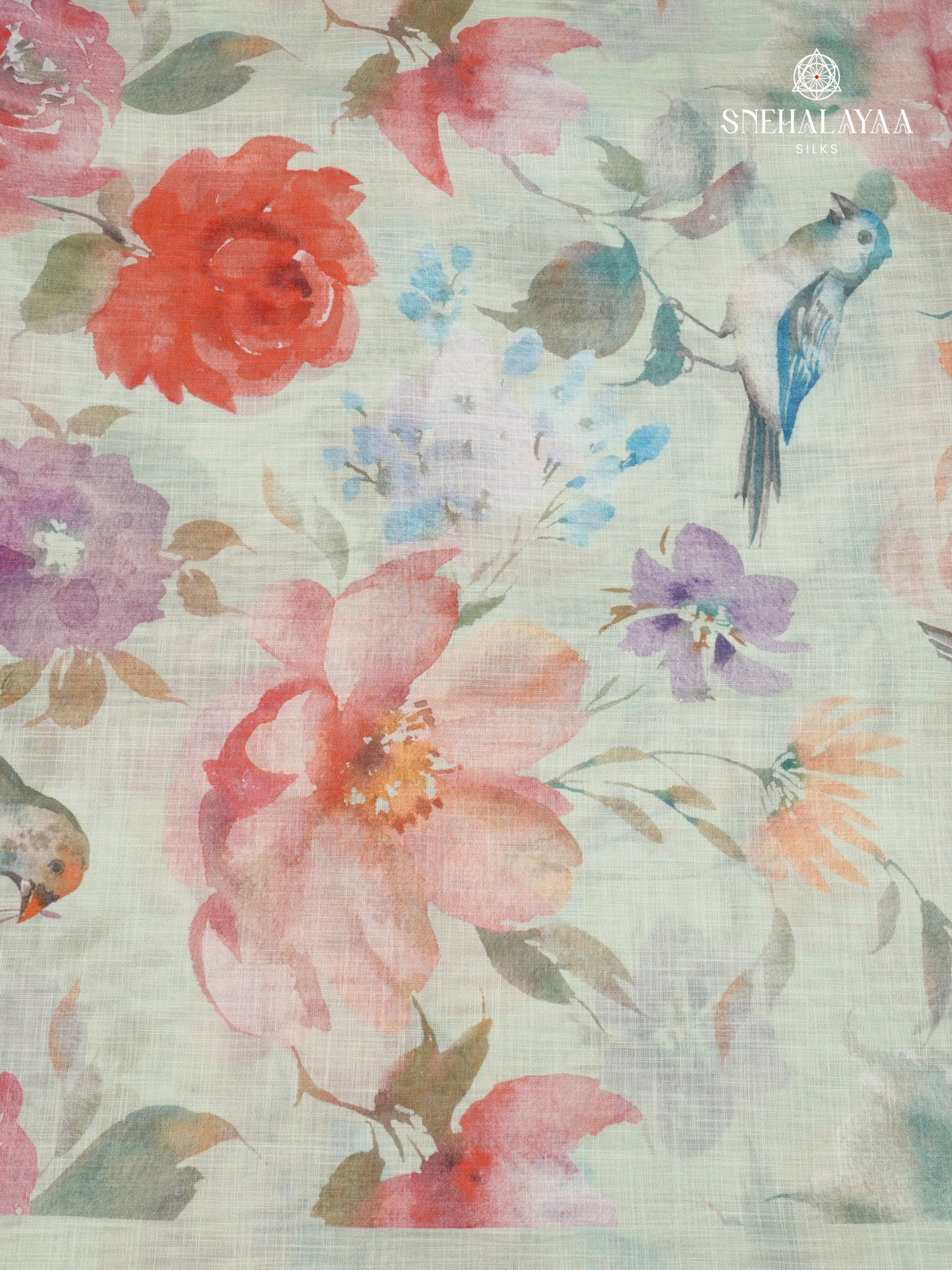 Off White Printed Linen Saree