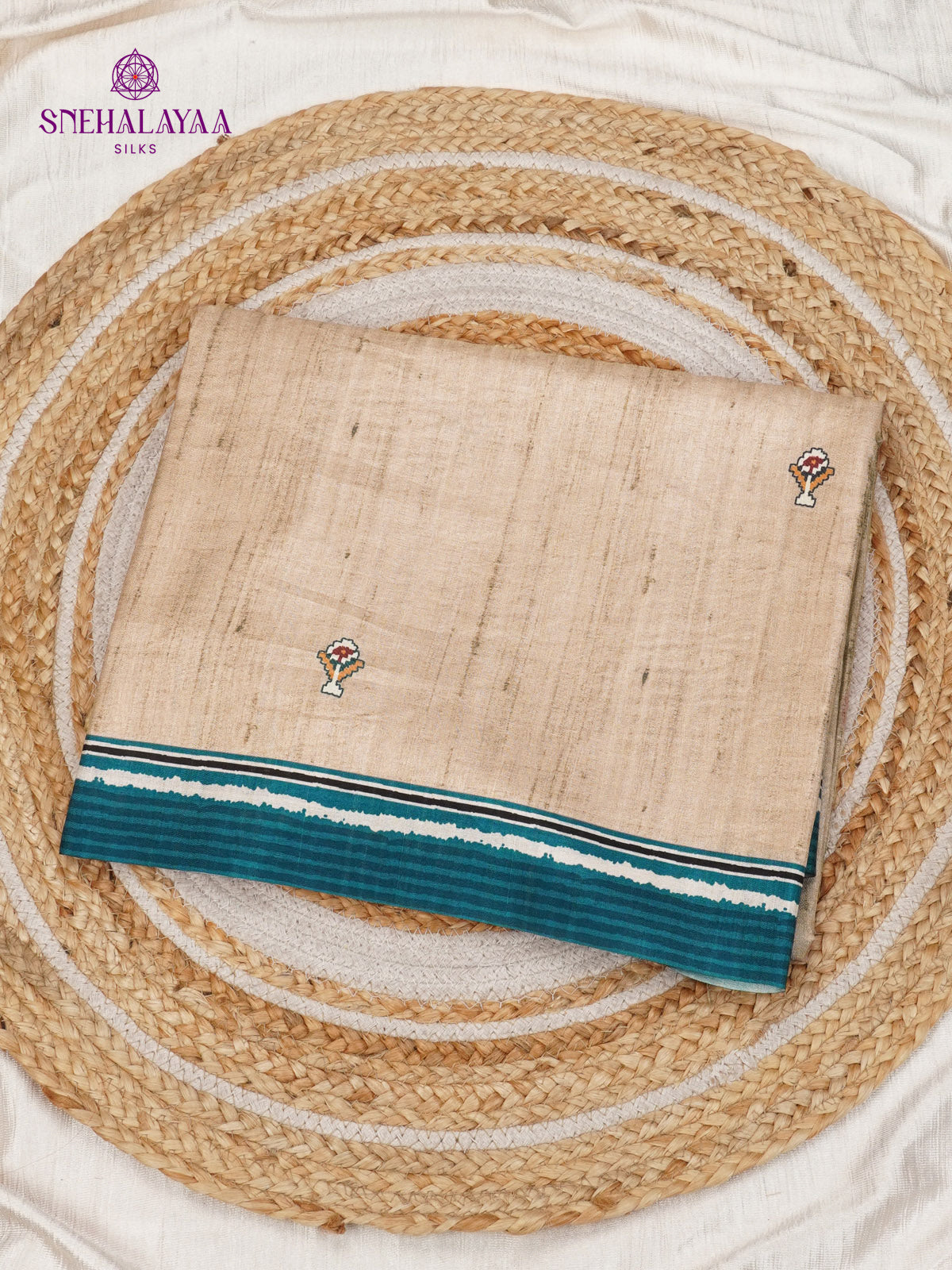 Beige Floral Printed Tussar Saree