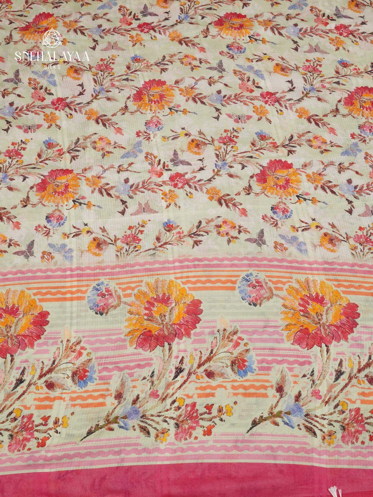 Beige Printed Linen Cotton Saree