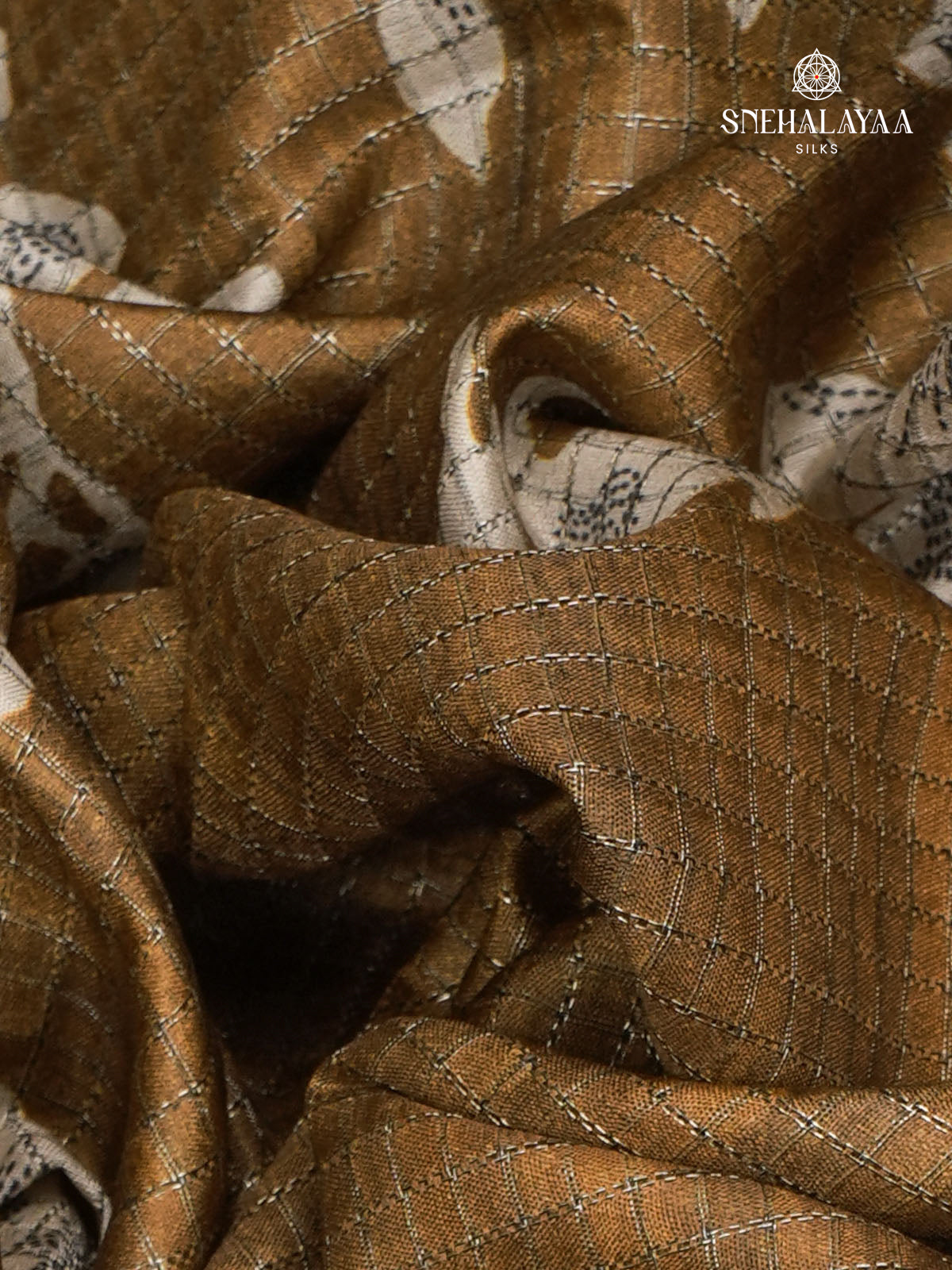 Brown Floral Printed Tussar Saree