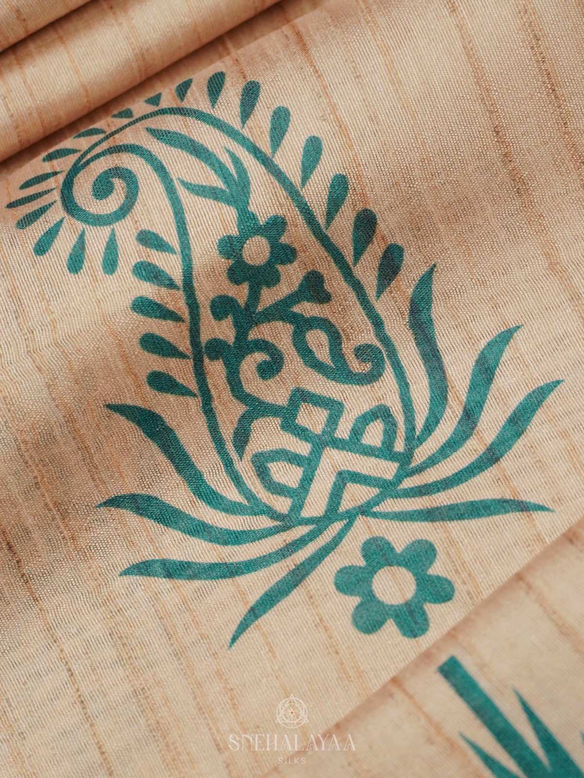 Beige with Peacock Blue Border Tussar Saree