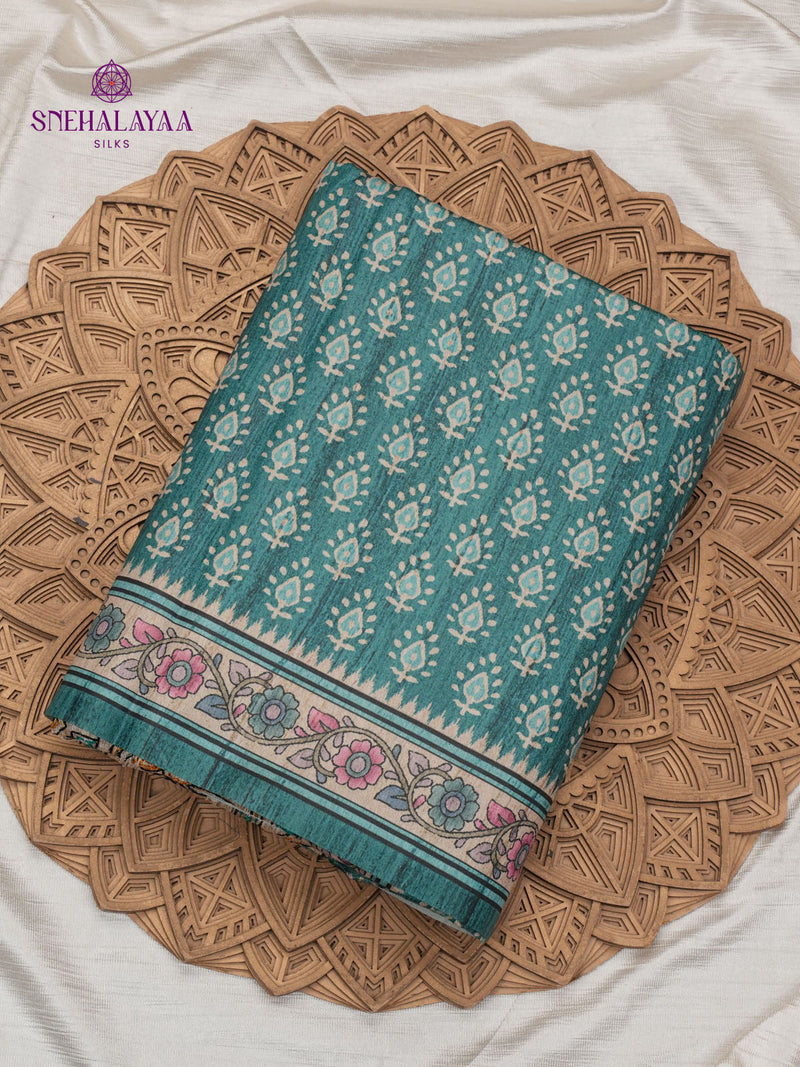 Teal Green Tussra Embroidery Saree