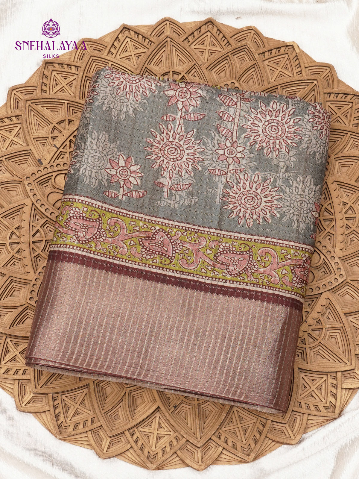 Grey Floral Printed Tussar Saree