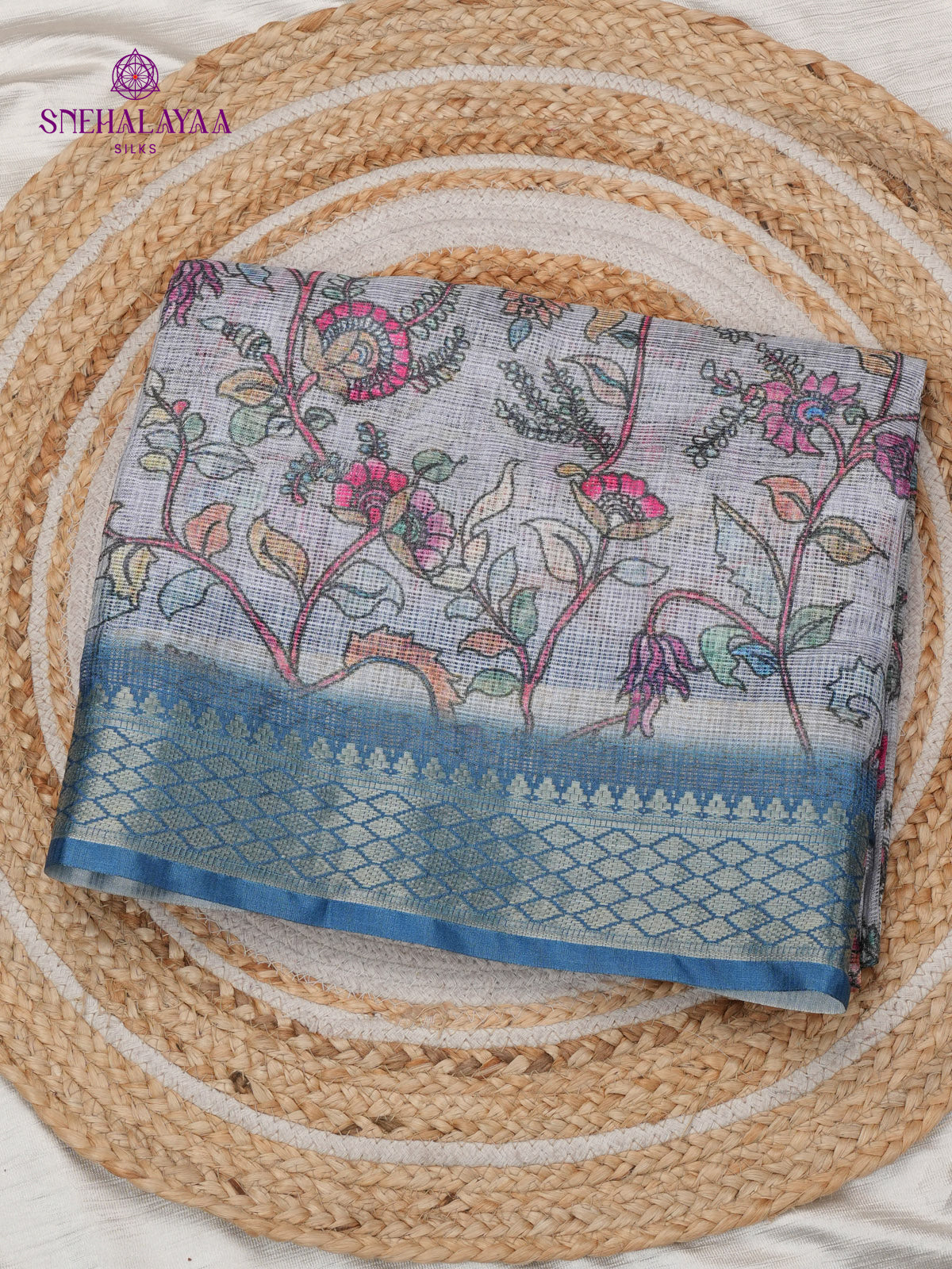 Pastel Blue Printed Kota Saree