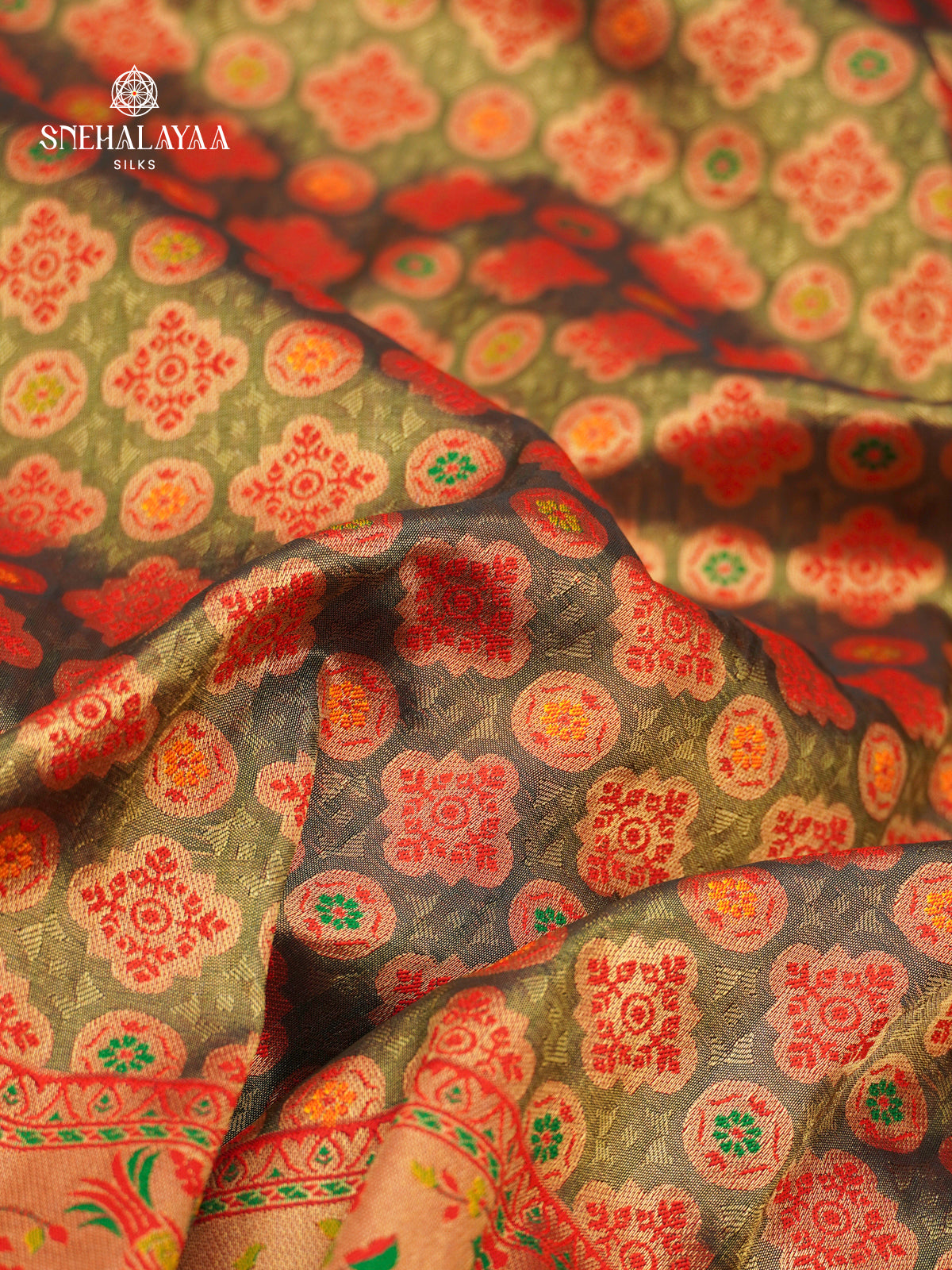 Olive Green Tissue Paithani Saree