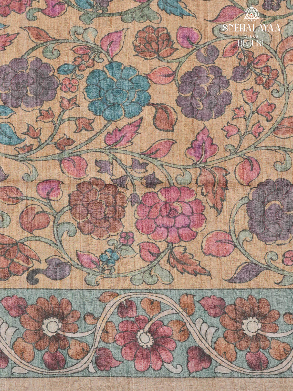 Magenta Floral Printed Tussar Saree