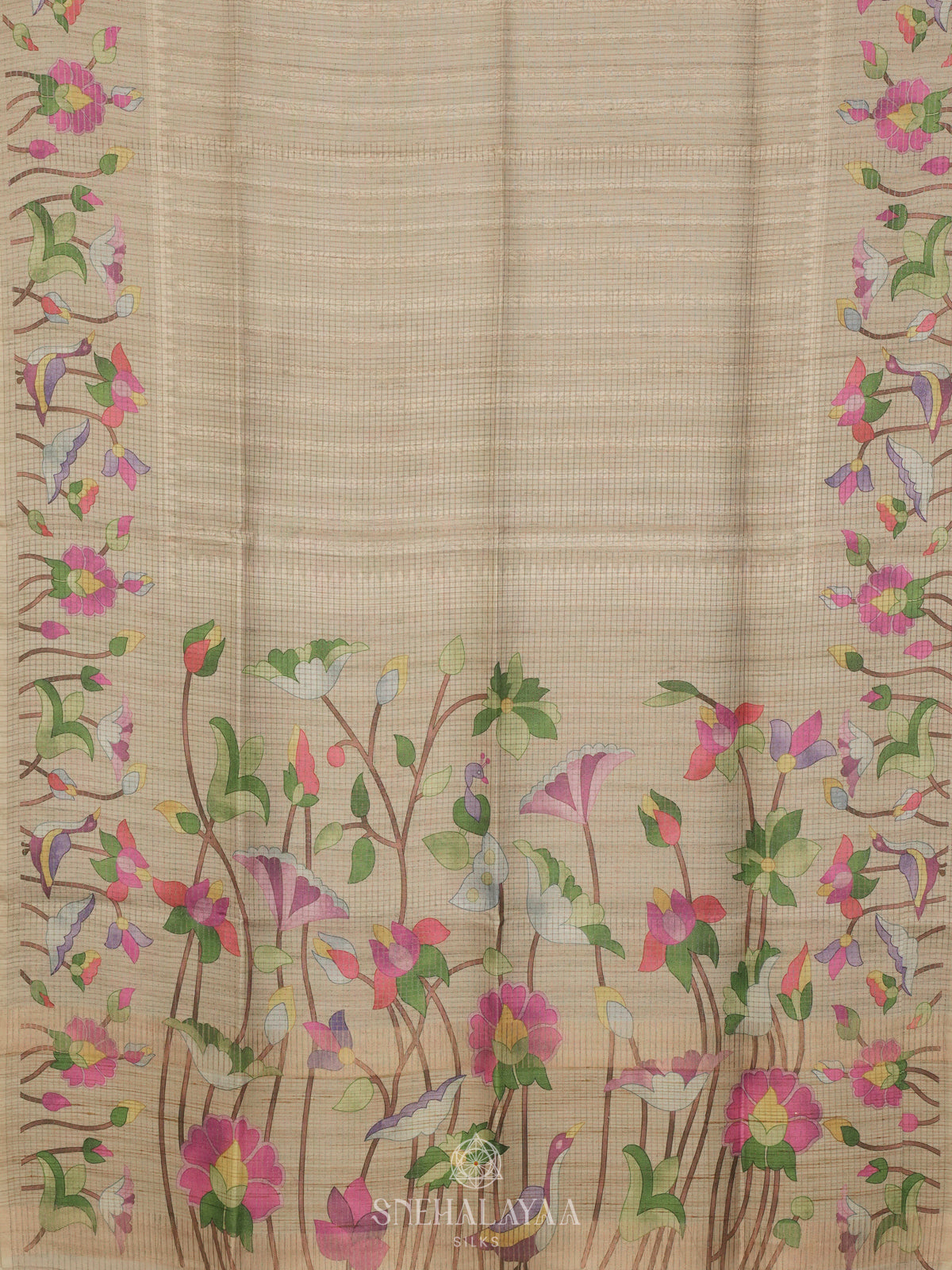 Beige Tussar Saree with Floral Prints