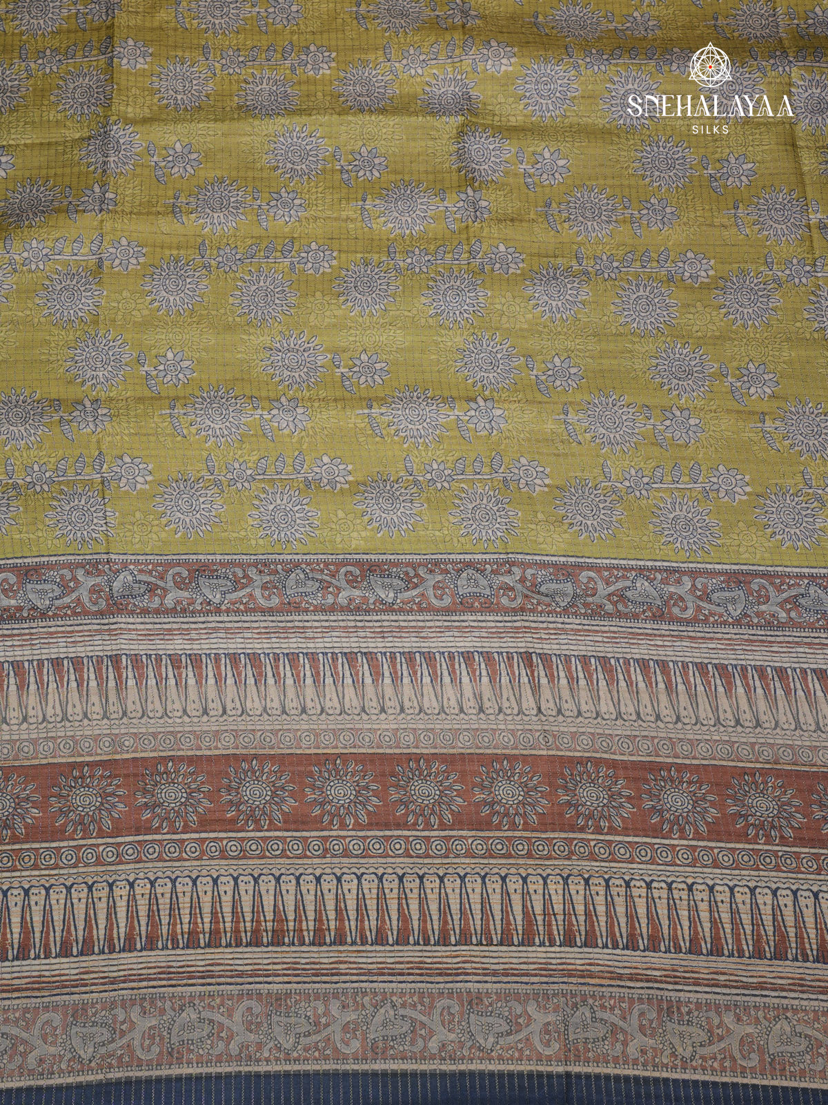 Olive Green Floral Printed Tussar Saree