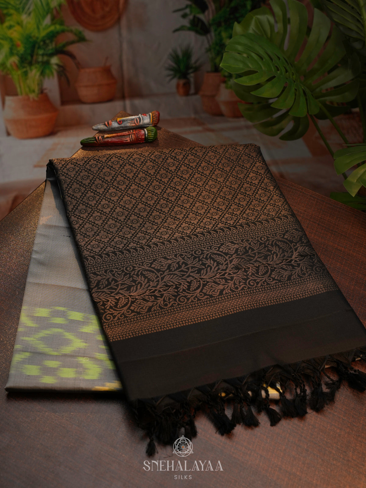 Grey Ikat Soft Silk Saree
