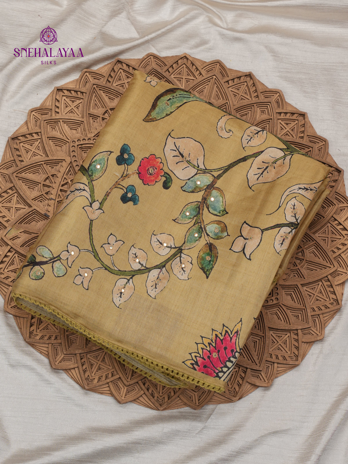 Mustard Tussar Embroidery Saree