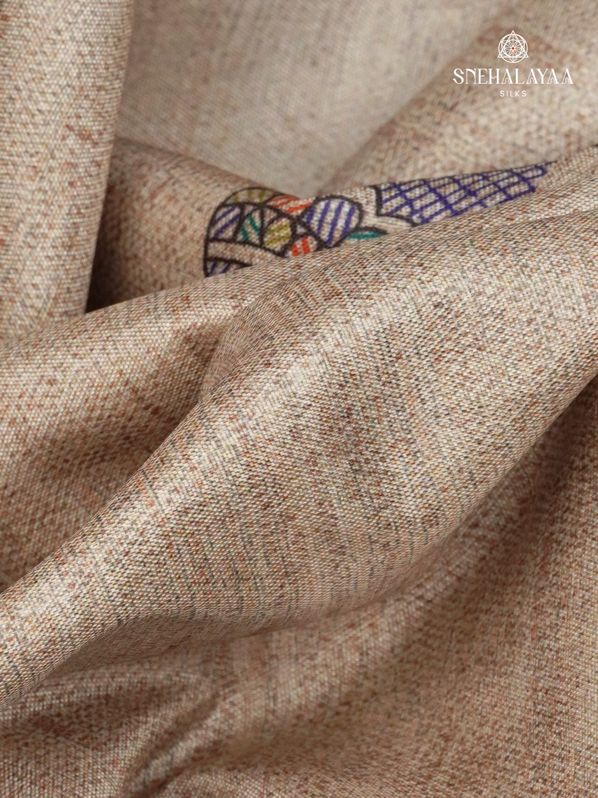 Beige With Orange Border Madhubani Saree