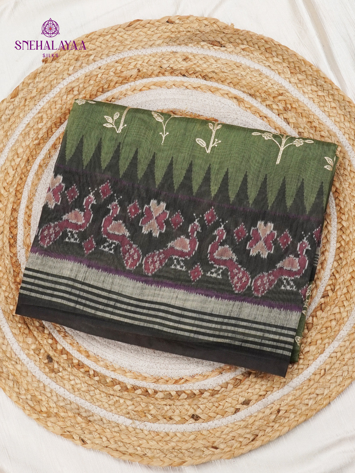 Bottle Green Linen Embroidery Saree