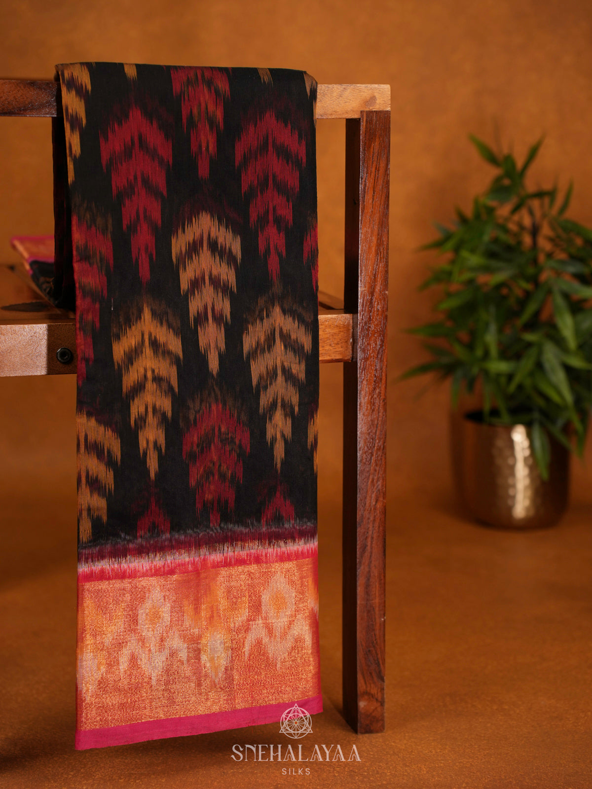 Black Ikat Silk Cotton Saree with Traditional Woven Border