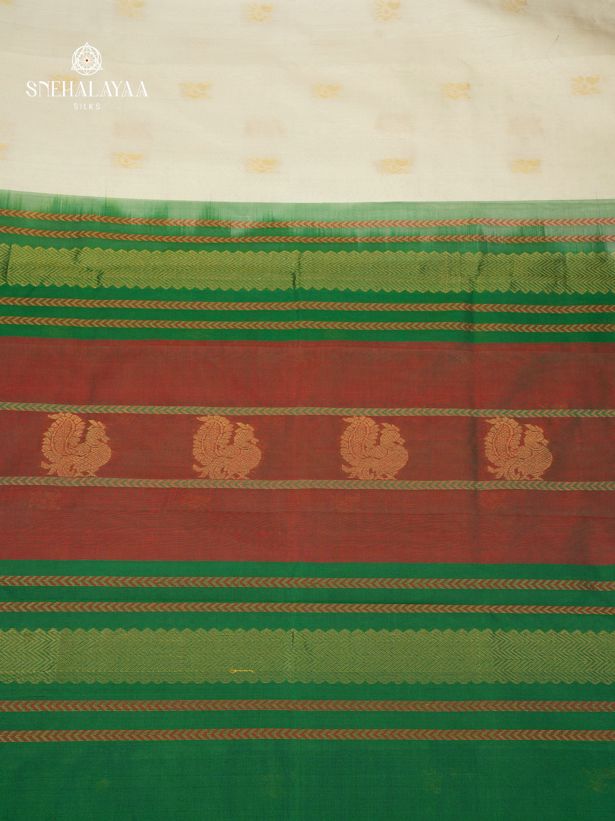 Kuppadam Silk Cotton Saree in Ivory with Green & Red Peacock Border