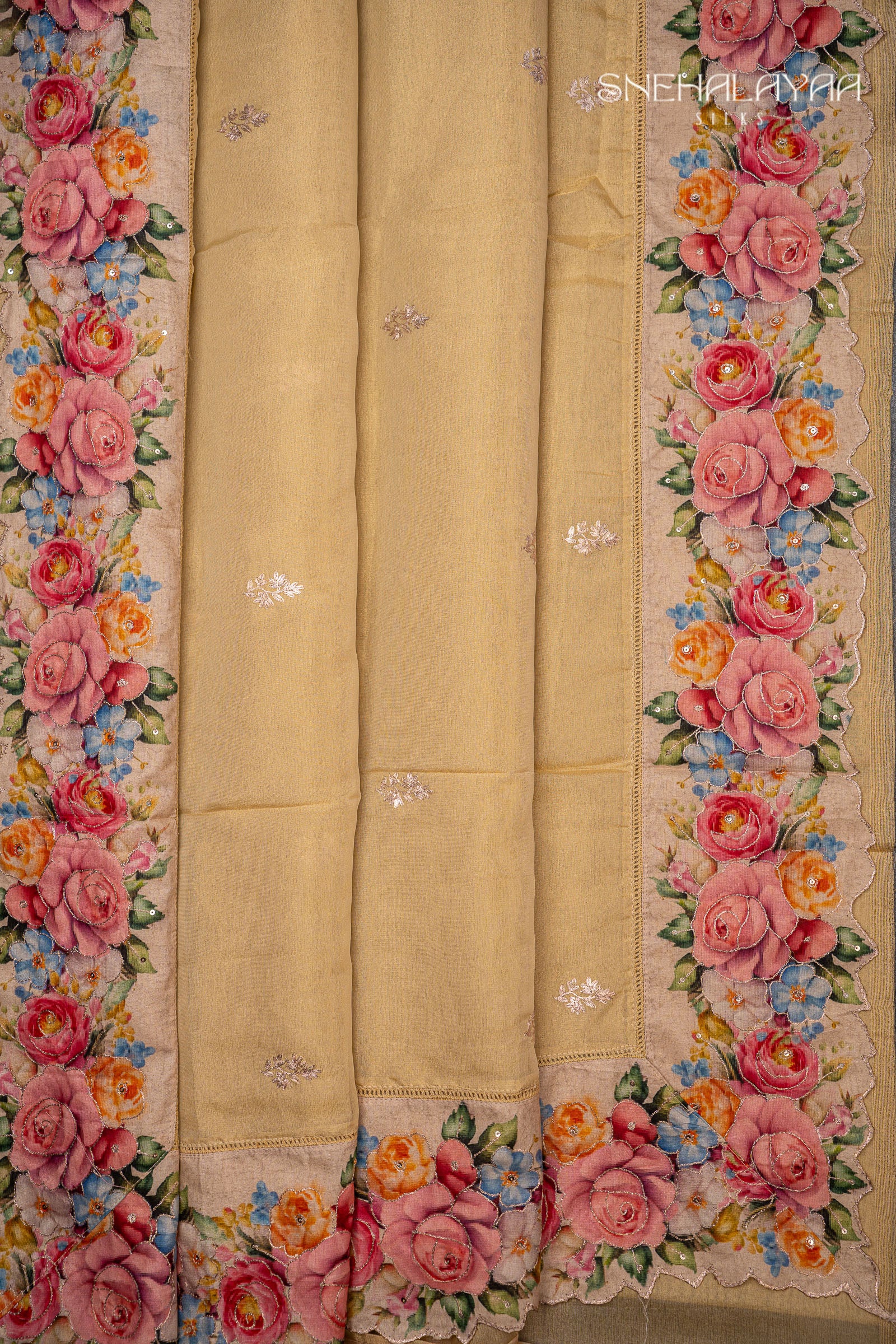 Sandal Tissue Embroidery Saree