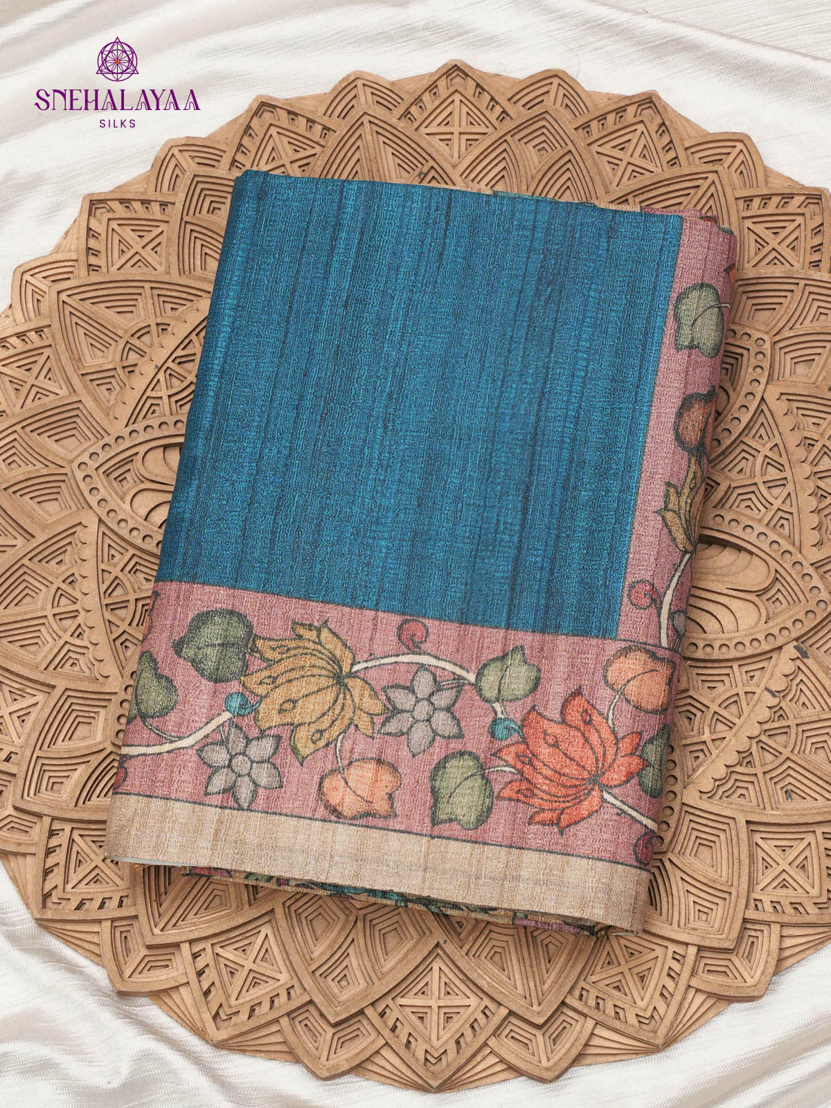 Peacock Blue Floral Printed Tussar Saree