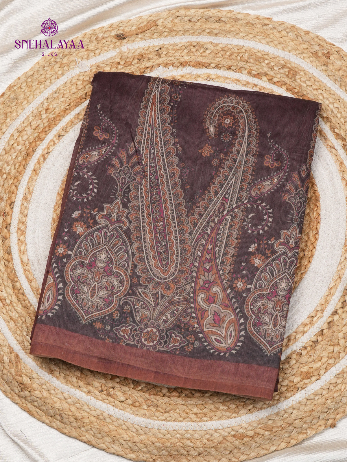 Brown Printed Linen Saree