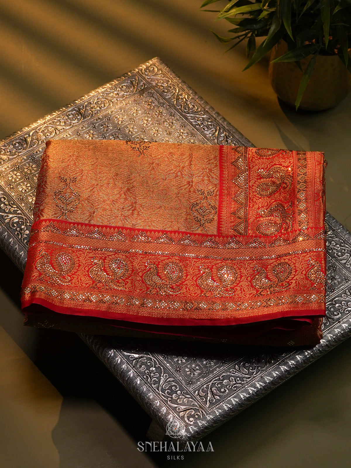 Golden Banaras Designer Saree with Orange Border