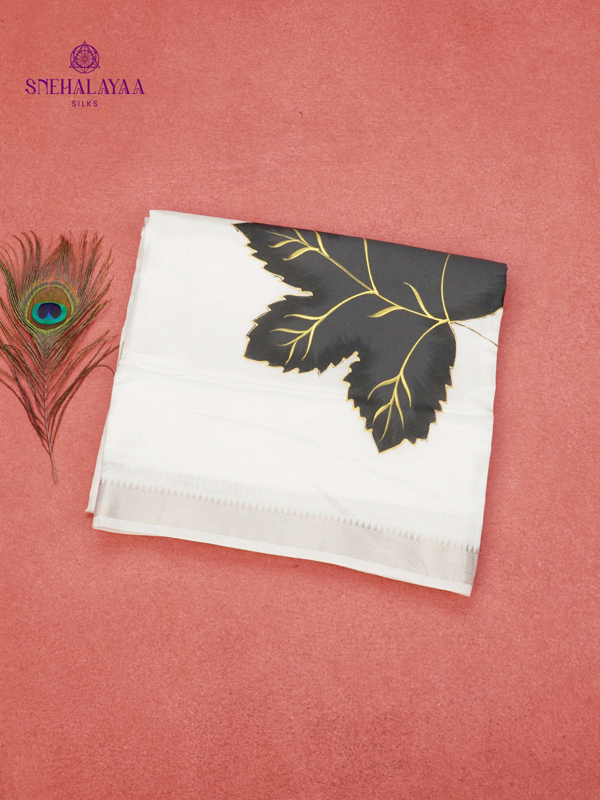 Off White Mangalagiri Silk Cotton Saree with Hand Painted Black Leaf Motifs