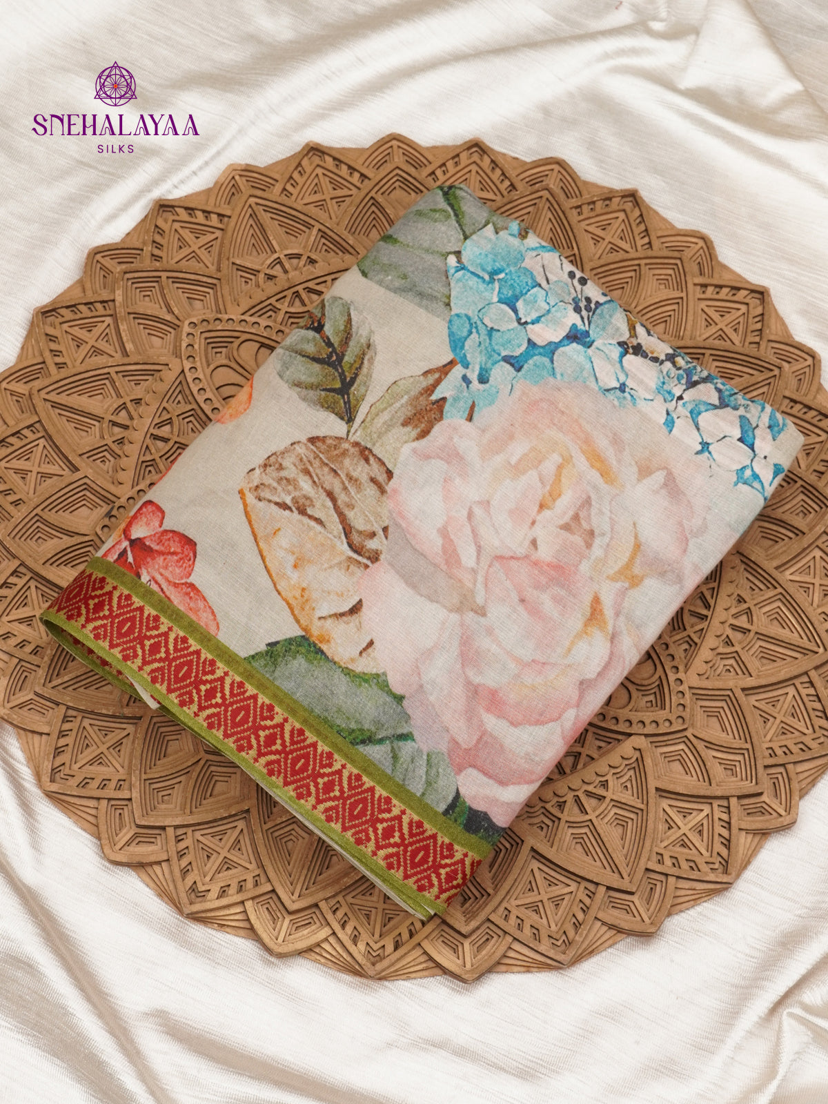 Off White Printed Linen Cotton Saree