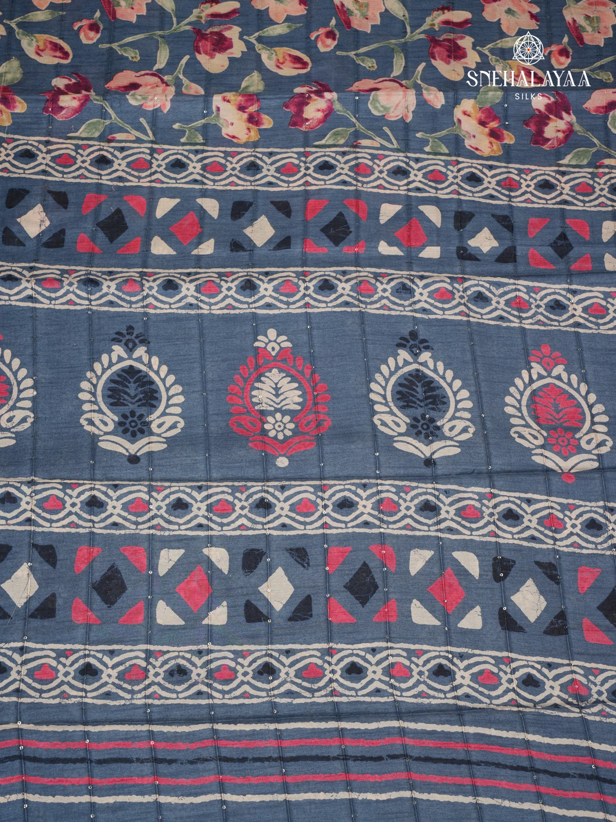 Teal Blue Floral Printed Tussar Saree