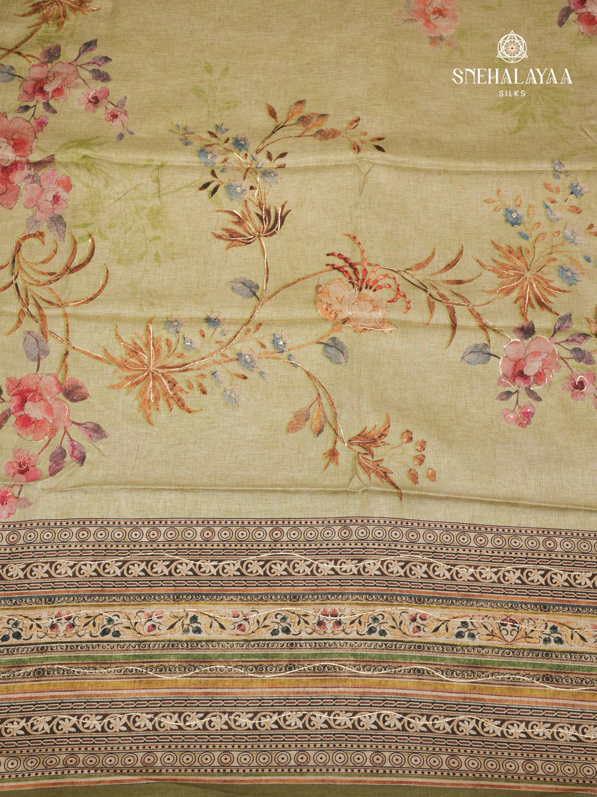 Olive Green Floral Printed Tussar Saree