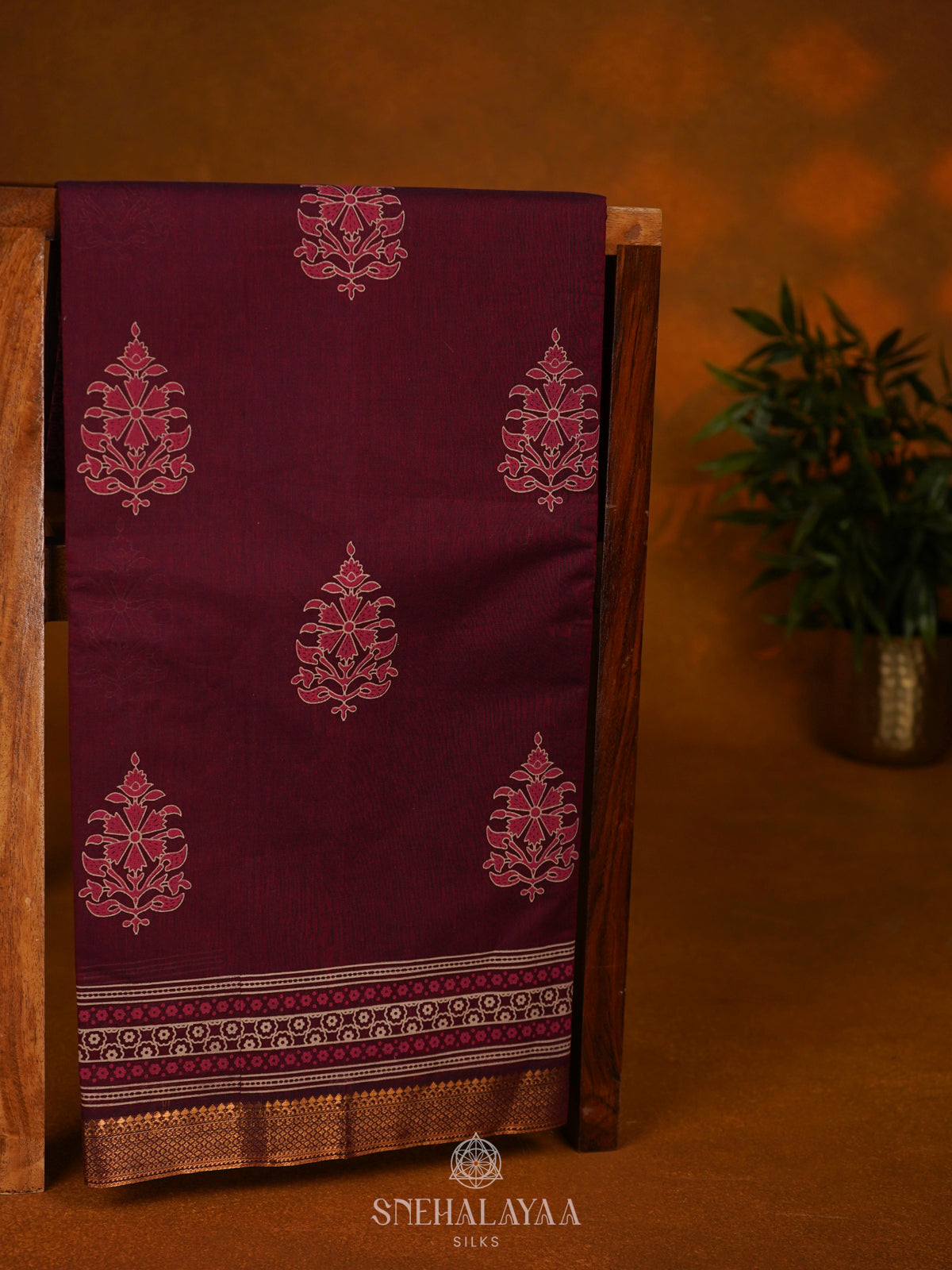 Burgundy Printed Cotton Saree