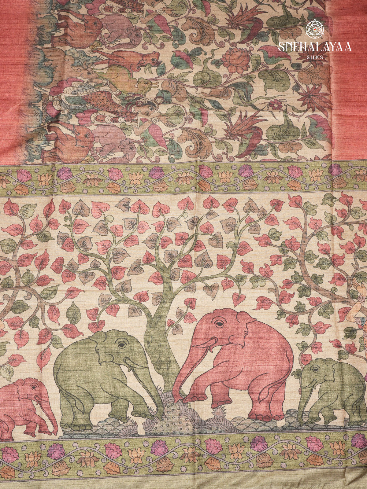 Beige With Red Border Kalamkari Tussar Saree